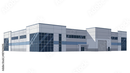 Modern industrial building with large windows and a loading dock, perfect for logistics or manufacturing facilities