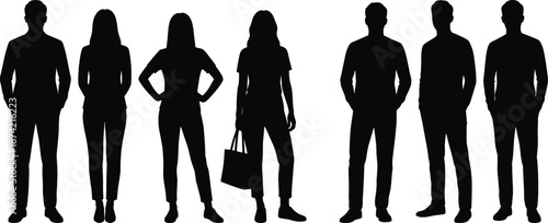 Silhouettes of diverse people standing side by side in unity, showcasing casual and formal attire in a minimalist front view