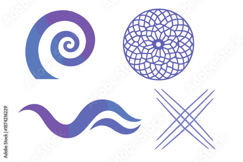 Abstract shapes in purple colors featuring spirals, waves, patterns, and lines in various arrangements during daytime setting