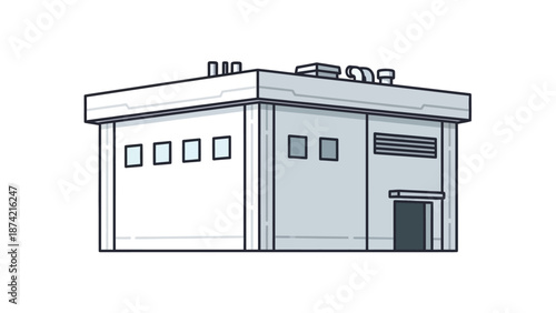 Simple illustration of a modern, grey industrial building with windows and ventilation on the roof, suitable for various business and architectural concepts