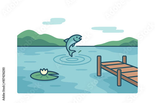Fish jumps out of water near wooden dock in quiet lake with lily pad and mountains in background