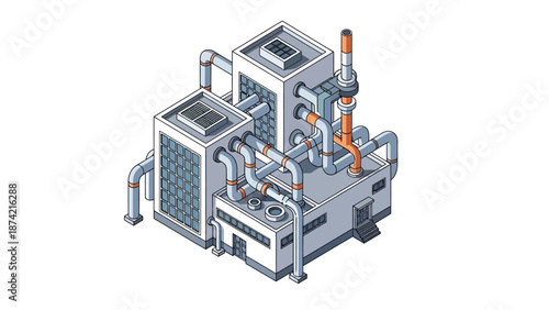 Industrial plant with ventilation system and pipes, isometric illustration of a manufacturing facility with HVAC equipment