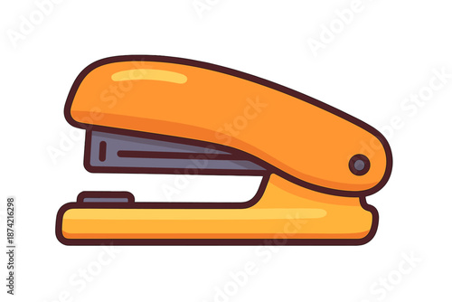 Orange stapler on a white background used for binding papers and documents in an office setting