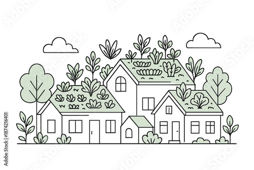 Houses with green roofs and plants during daytime in a simple illustration of a neighborhood