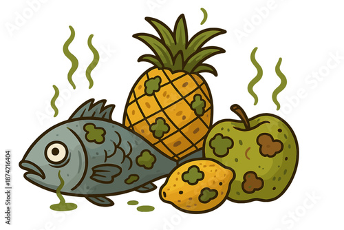 Fish and fruit with spots placed on a table in a simple setting