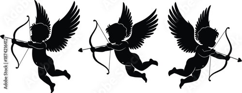 Black cupid silhouettes vector set isolated on white background for Valentines day romantic love design angel archer and wedding illustration