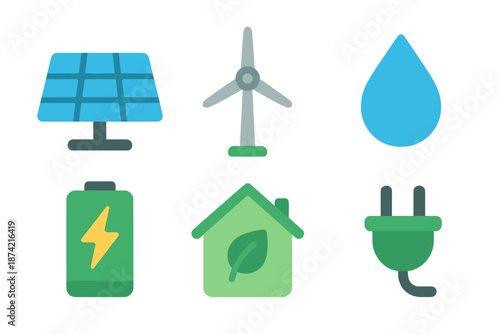 Icons represent renewable energy sources and sustainability concepts for educational materials and projects about the environment and energy