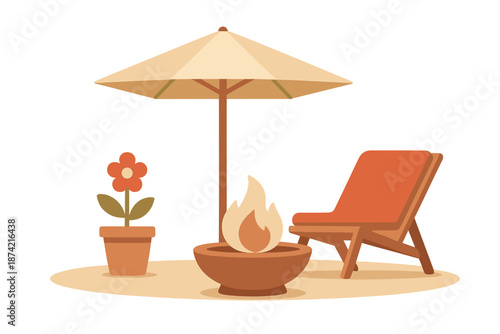 Sitting area with chair, umbrella, fire, and flower pot at outdoor space