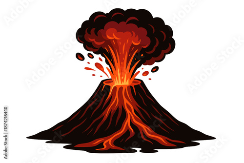 Eruption of a volcano with lava and ash cloud rising into the sky during day time