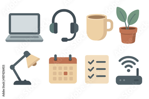 Digital workspace setup with laptop, headset, coffee cup, plant, lamp, calendar, checklist, and wireless router