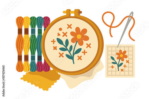 Crafting embroidery with colorful threads and a needle in a workspace setting