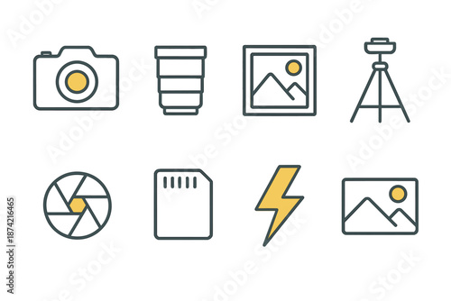 Camera and photography equipment icons are shown in a simple layout with a white background in a digital style