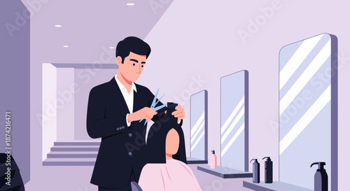 Male Hairdresser Cutting Female Clients Hair Indoors.