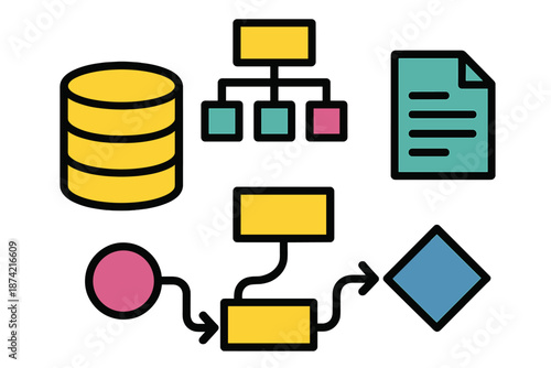 Diagram showing data flow and process steps with shapes, database, and documents in a simple layout