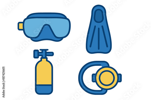 Scuba diving equipment showing mask, fins, tank, and regulator in simple design style