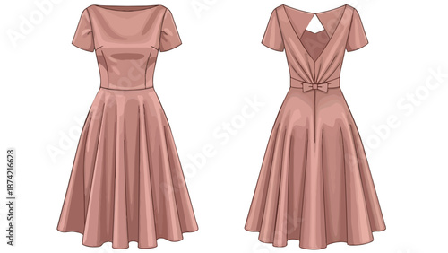 Elegant Vintage Style Dusty Rose Midi Dress Design with Cap Sleeves and Bow Detail