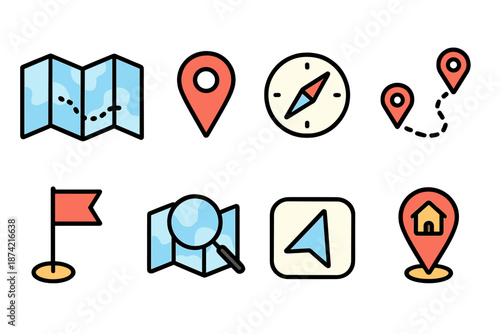Map icons showing navigation symbols and directions used for travel and exploration in various locations