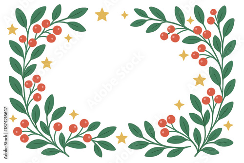 Plant design with red berries and green leaves around empty space for text during winter holiday season