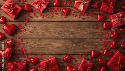 Valentine's day scene featuring red hearts and gift boxes on a rustic wooden surface, ideal for greeting cards