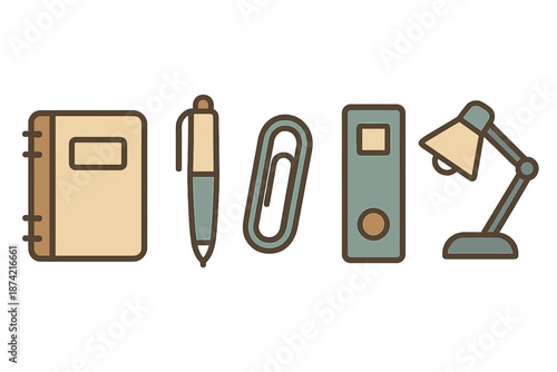 Office supplies arranged on a desk showing a notebook, pen, paperclip, binder, and a lamp in a workspace setting