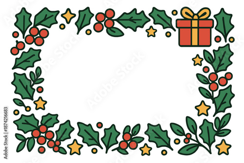 Holiday frame with holly, berries, stars, and a gift for festive decorations and greeting cards