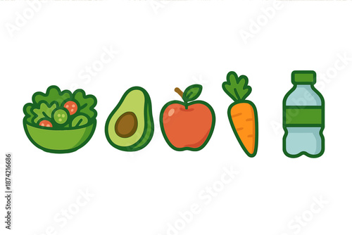 Collection of healthy food items including a salad, avocado, apple, carrot, and bottle of water displayed on a white background