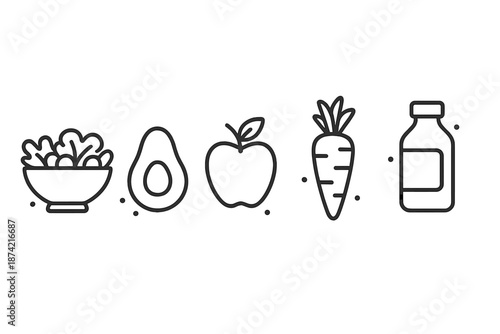 Food items arranged in a line showing a salad, avocado, apple, carrot, and a bottle of juice