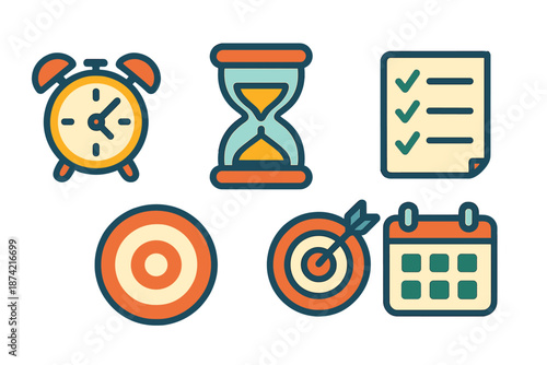 Clock, hourglass, checklist, target, and calendar symbols representing time management and planning skills