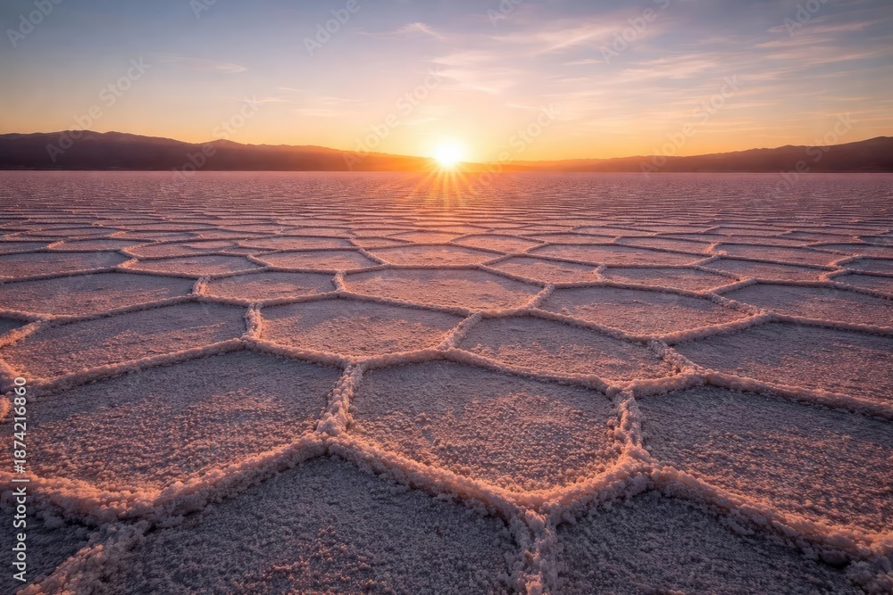Fototapeta premium Salt flat landscape with hexagonal floor patterns bathed in sunrise glow and clear atmospheric conditions copy space