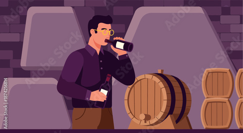 Man Drinking Beer From Bottle In Brewery.