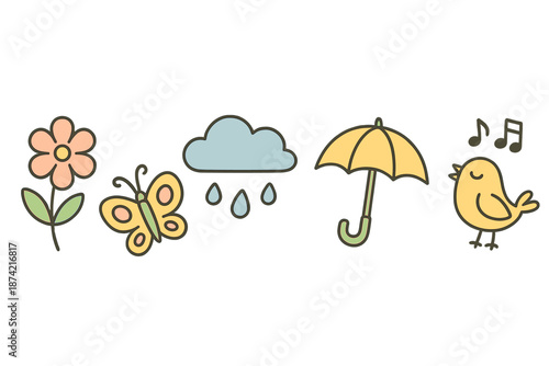 Spring elements with a flower, butterfly, cloud, umbrella, and a bird in rainy weather
