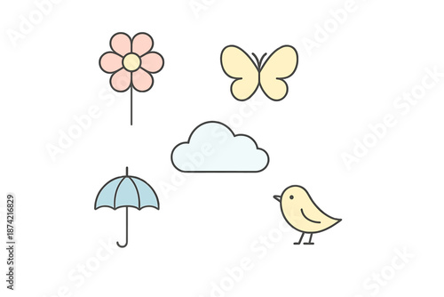Creative illustration of simple nature elements featuring a flower, butterfly, bird, cloud, and umbrella during a sunny day