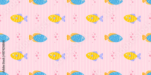 Seamless pattern with tropical fish and coral on pink background. Playful underwater design for kids textiles, wrapping paper, and summer beach themes