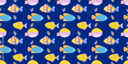 Seamless pattern with tropical fish and coral on blue background. Playful underwater design for kids textiles, wrapping paper, and summer beach themes