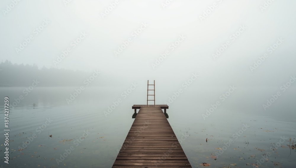 Fototapeta premium Overcast morning at Lake Leman featuring a ladder and springboard, highlighting weather and water surface