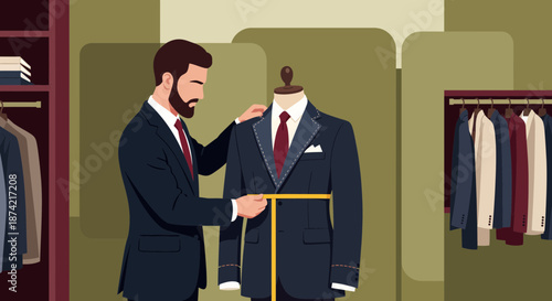 Man Measuring Suit on Tailor Mannequin in Shop.