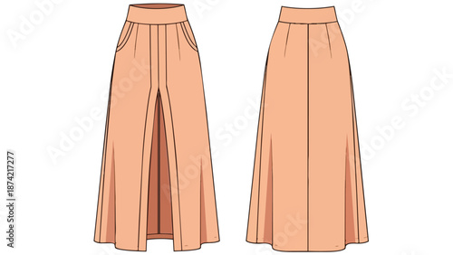 Fashion flat sketch of a peach-colored maxi skirt with a front slit and pockets, showcasing both front and back views on a clean white background