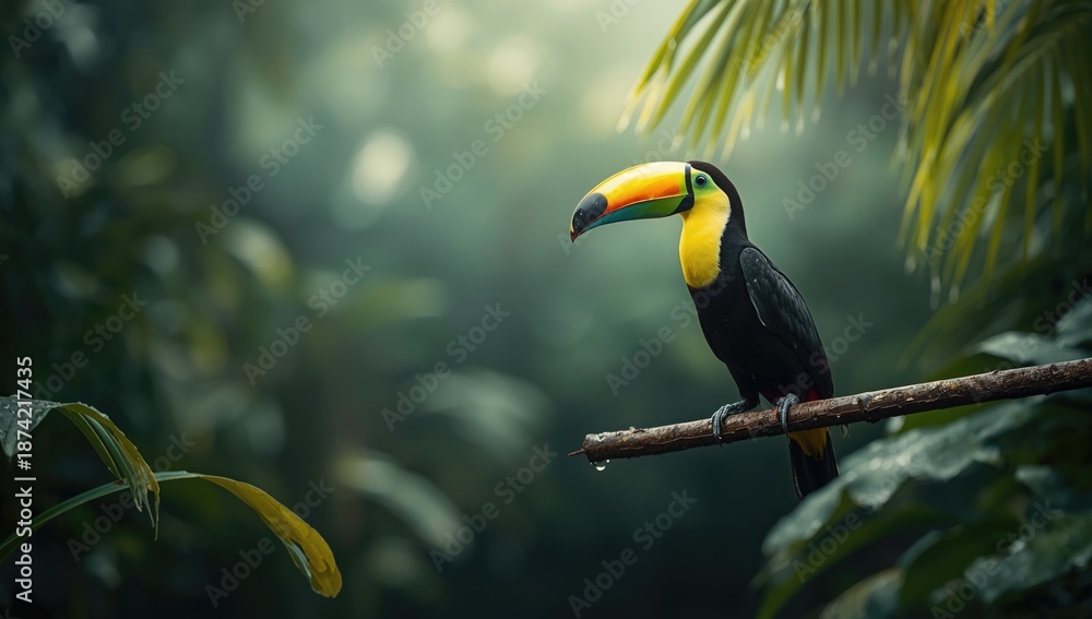 Obraz premium Keel-billed Toucan resting on a tree branch within dense jungle environment, nature exploration
