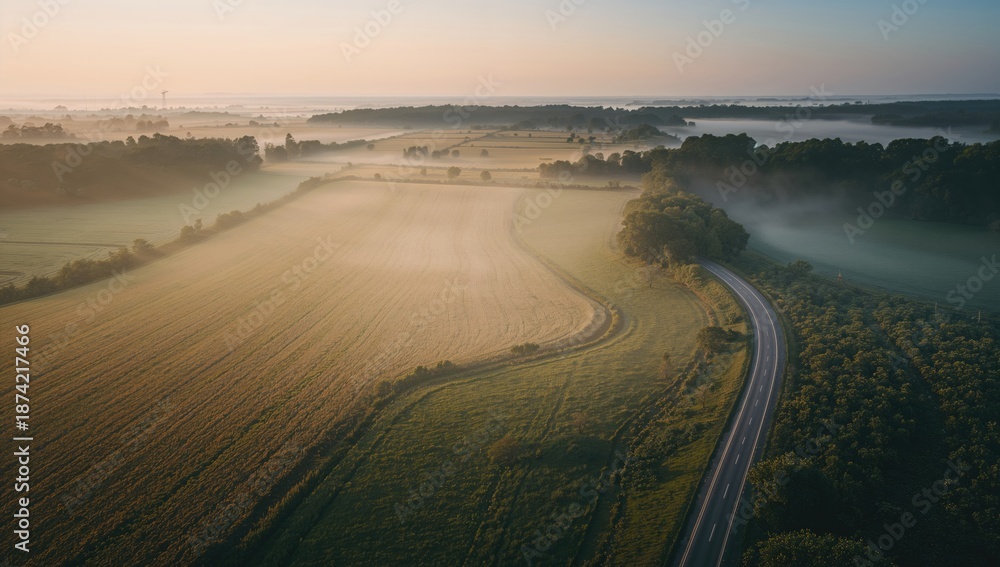 Fototapeta premium Birds eye perspective of a road amid agricultural land at dawn with mist, highlighting rural scenery and environmental conditions