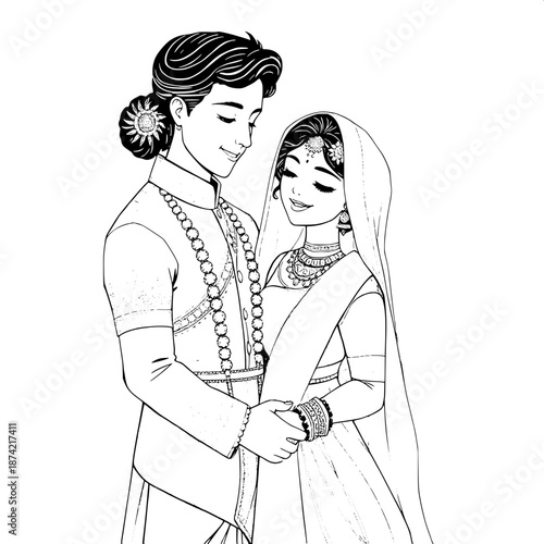 Indian wedding storybook illustration, a serene couple standing intimately close, holding hands in a gentle grasp, rendered in exquisite monochrome pen drawing, with soft elegant lines that convey a s