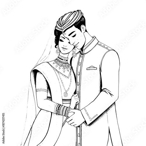 Indian wedding storybook illustration, a serene couple standing intimately close, holding hands in a gentle grasp, rendered in exquisite monochrome pen drawing, with soft elegant lines that convey a s