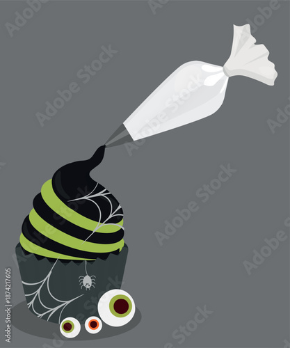  Illustration with Boo Cupcake at Web,Spider Decoration and Piping Bag