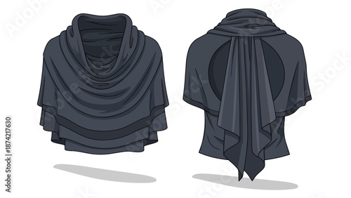 Elegant charcoal grey draped garment front and back view artistic illustration for fashion design