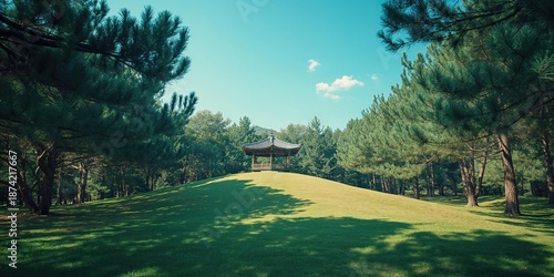 Pine trees and pavilion on ...