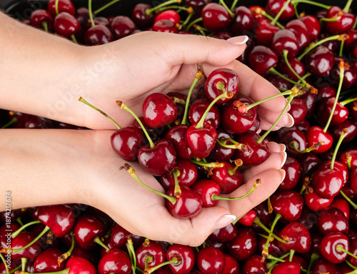 A handful of cherries in the palms of a girl against the background of cherries
