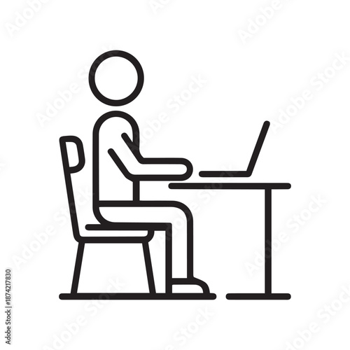 Office worker vector icon isolated on white background. Working place at the table with a laptop. Flat work computer icon
