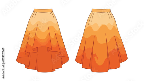 Fashion illustration of two flowing skirts with gradient orange hues showcasing pleated designs and layered hemlines