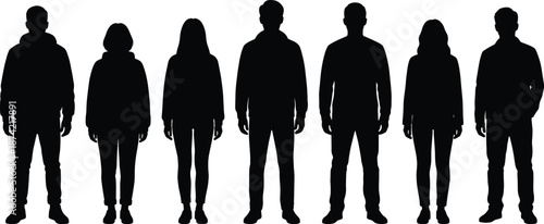 Silhouettes of seven casually dressed people standing side by side in neutral poses, representing fashion diversity and demographic variety on white background
