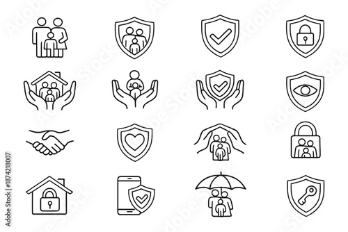 Family protection and insurance line icon set