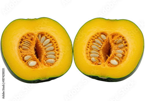 Two fresh acorn squash halves, cut lengthwise, showing vibrant orange flesh, glistening seeds, dark green rind, on transparent with copy space, concept of wholesome natural food